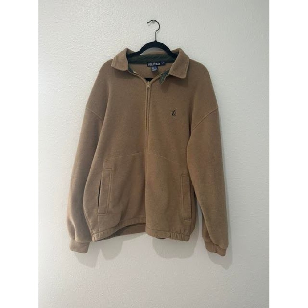 Vintage Nautica Full Zip Fleece Jacket Tan Brown Mens Large J-Class Logo USA